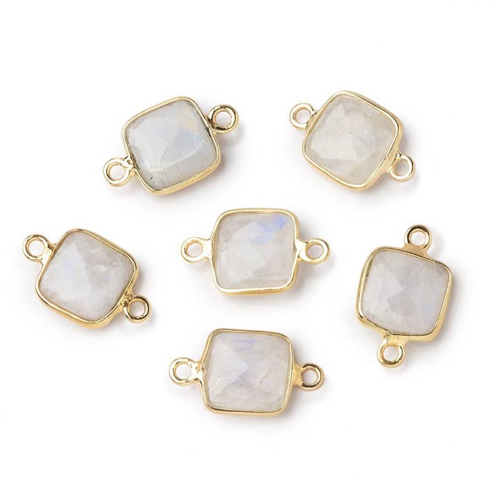 Beads of Cambay - Wholesale Individual Charm/Pendant - 9.5mm Vermeil Bezel Rainbow Moonstone Faceted Cushion Connector 1 piece1