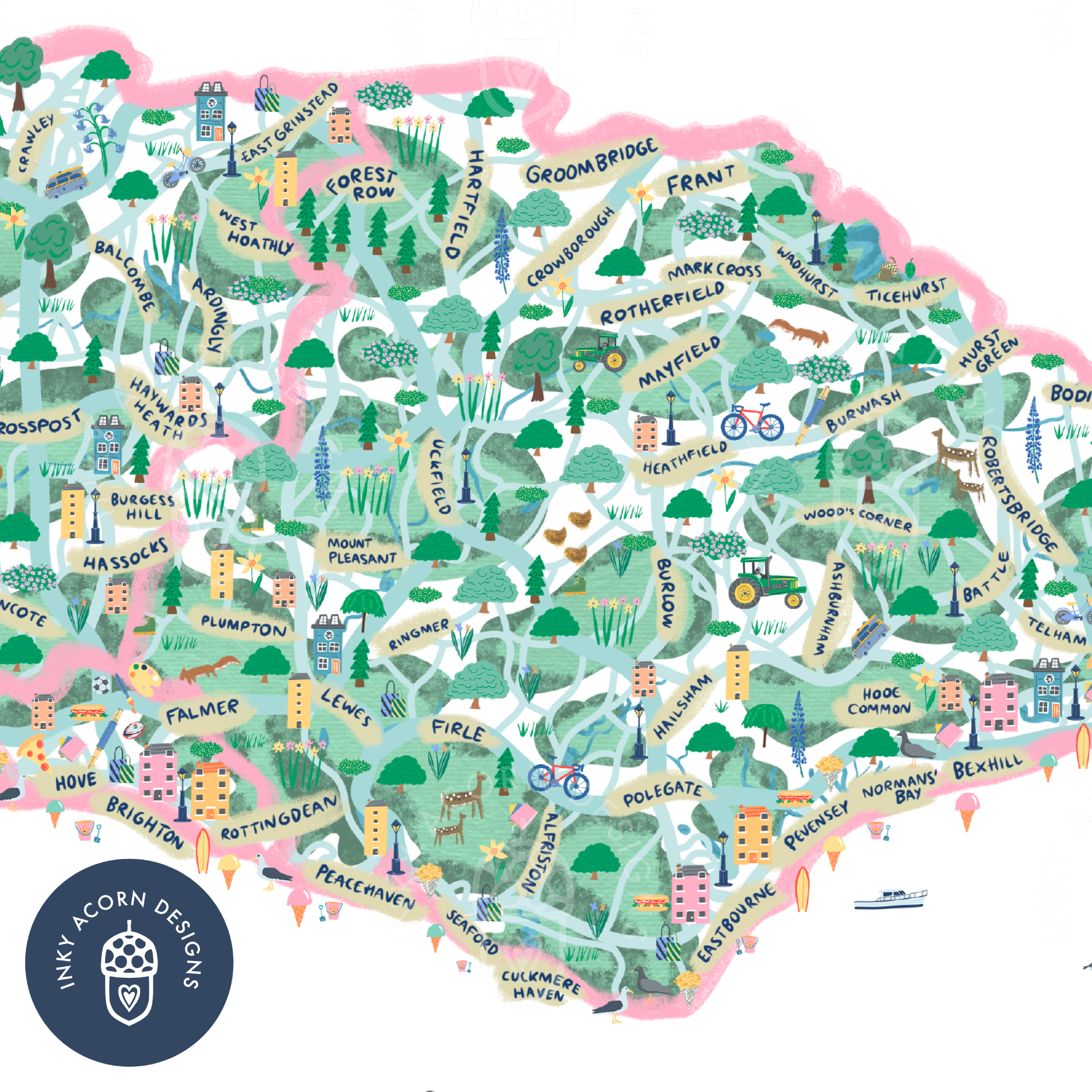 Inky Acorn Designs - Wholesale Art Print - Sussex Illustrated Map Signed Art Print4