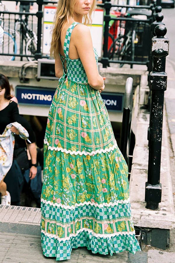 Green checkered Unique Floral Boho ric rac tiered dress for wholesale on Faire1