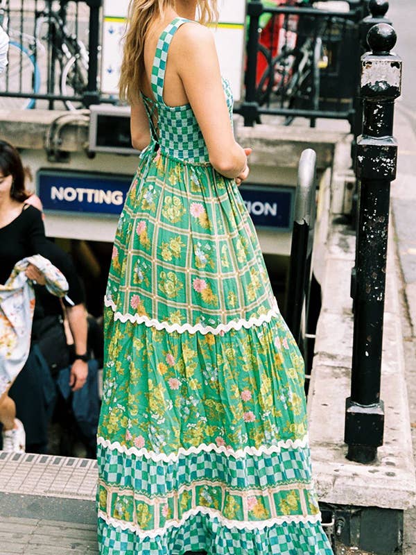 Green checkered Unique Floral Boho ric rac tiered dress for wholesale on Faire1