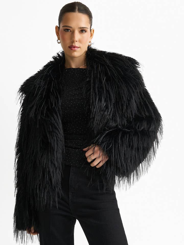 Black Plain Fringe Faux Fur Short Jacket for wholesale by GINI LONDON