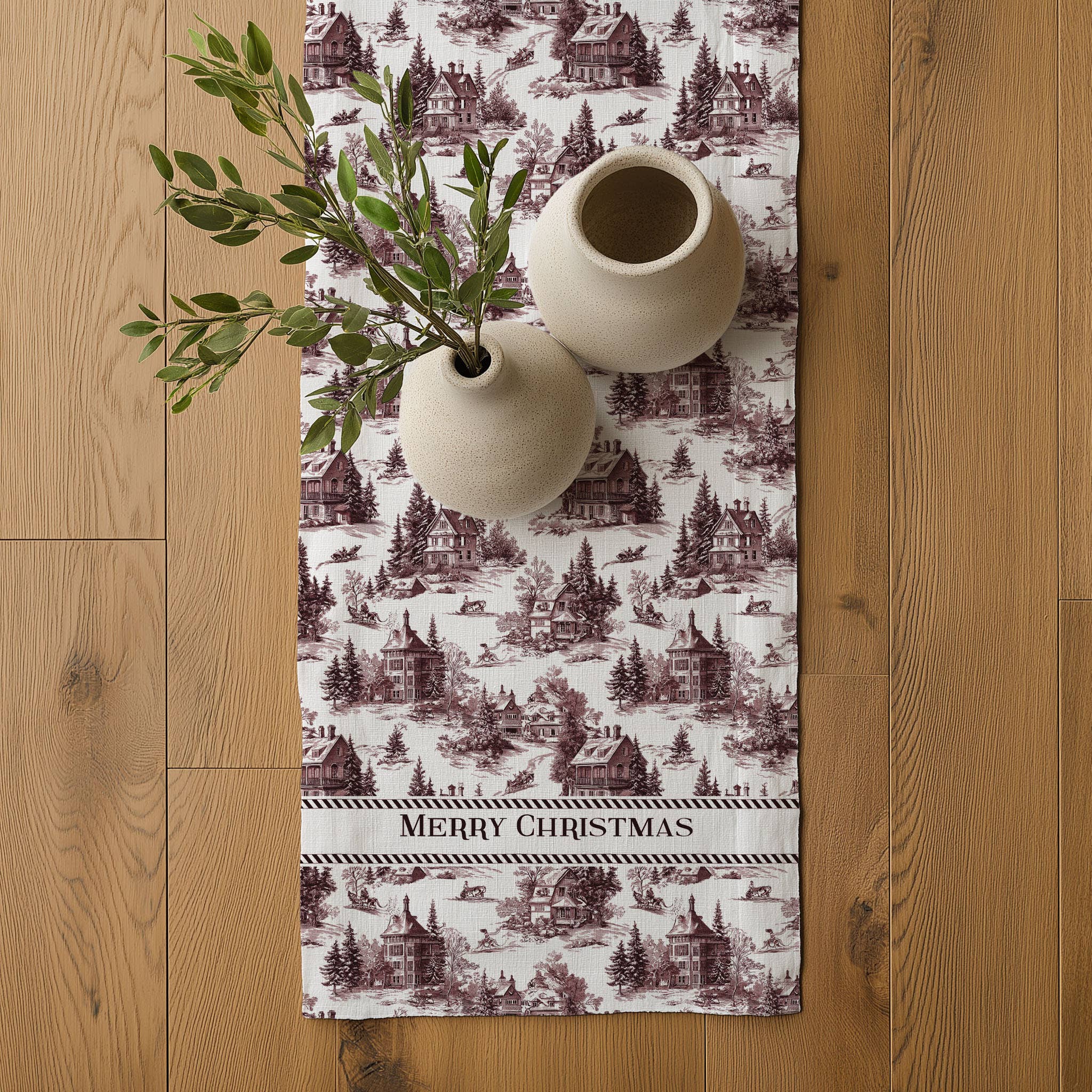 NorraVilla – wholesale Table runner – 100% Linen Runner Merry Christmas Toile de jouy Country1