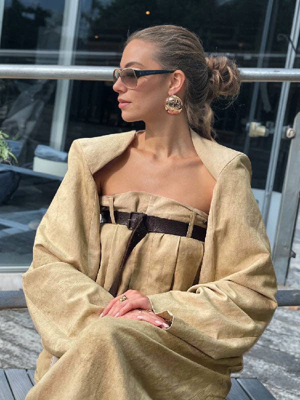 FurDecoration - Wholesale Top & Pant Set (NOT Loungewear) - Women's - Collarless Button-Up Long Sleeve Jumpsuit Set4