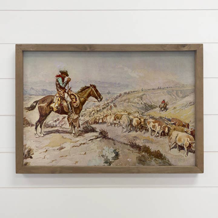 Cowboy Cattle Drive - Ranch House Canvas Art - Wood Framed for wholesale by Hangout Home