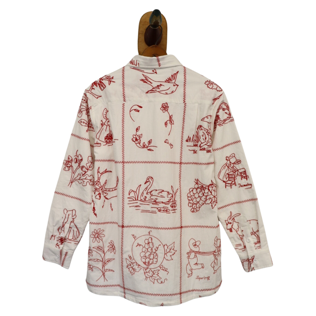 Farewell Frances – wholesale Tröja med knappar – Unisex – Redwork Broderad George Långärmad Skjorta SZ S - XXL GLS41