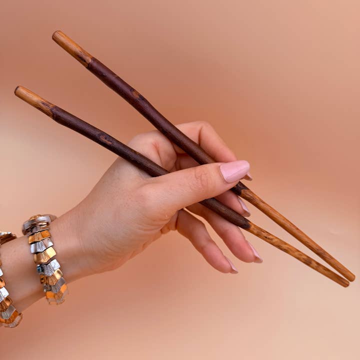 His & Hers Natural Wood Branch Lacquered Chopstick Handmade for wholesale by House of Shokunin