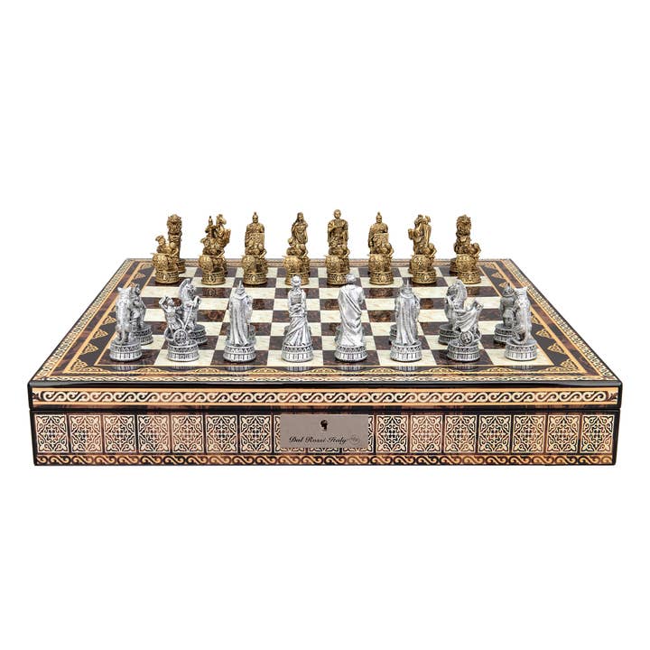 Roman Chessmen On Mosaic Finish Chess Box with Compartments for wholesale by Dal Rossi Italy
