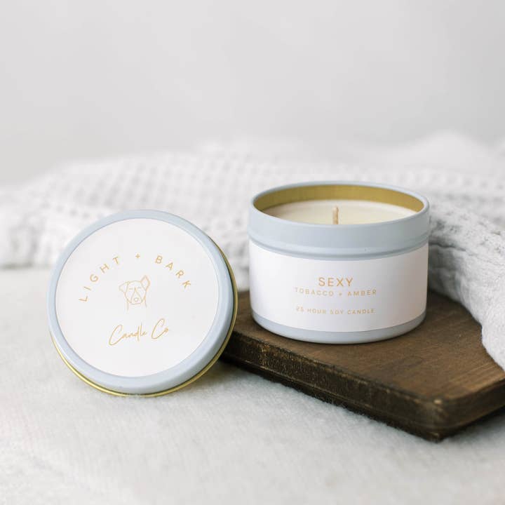 Sexy 4oz Tin | White Tin Travel Soy Candle for wholesale by Light + Bark Candle Co.