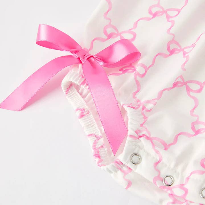 Auraquise - Wholesale Bodysuit (Non-Footed) - Baby - Baby Summer Pink Bow Smocked Embroidered Bubbles Romper
