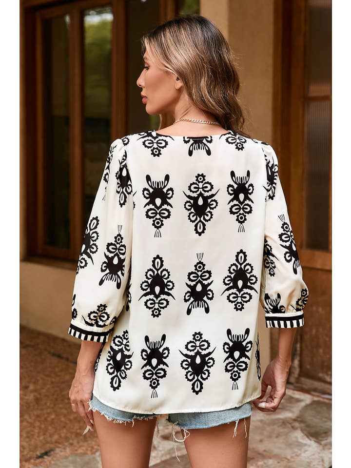Little Daisy Closet - Wholesale Blouse - Women's - LDC Vintage Printed 3/4 Sleeve V Neck Blouse
