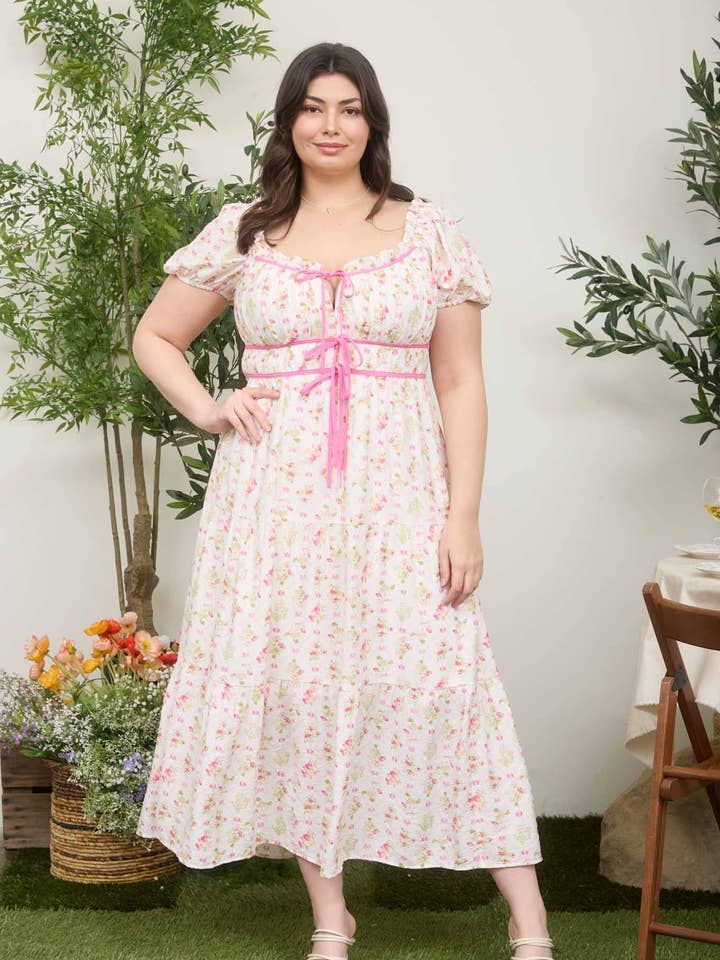 PLUS FLORAL TILE PRINT CONTRAST TIE MIDI DRESS for wholesale by MINE