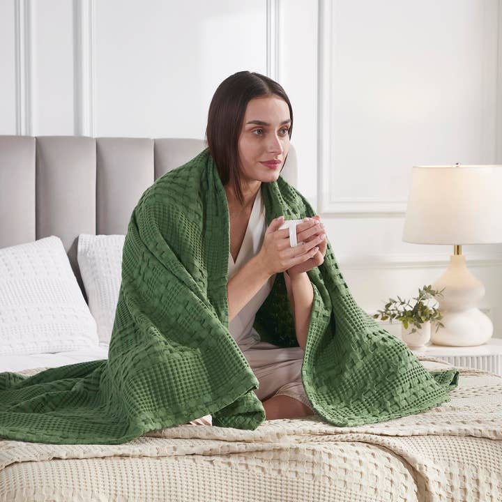 VHC Brands - Wholesale Throw Blanket - VHC Brands Waffle Weave Olive Green Throw Blanket 50x60 - Boho Farmhouse Cotton Decor for Bed, Couch & Sofa1