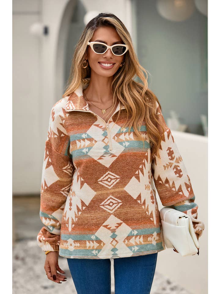 Khaki LDC Quarter Zip Elastic Cuffs Western Sweatshirt for wholesale on Faire4