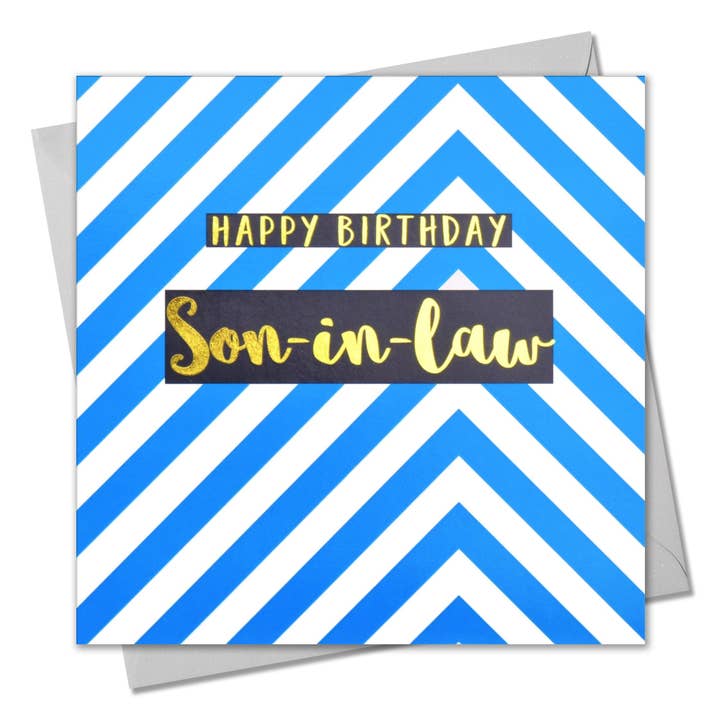 Carte d'anniversaire, fils, chevrons bleus, texte en or brillant pour la vente par Claire Giles Ltd