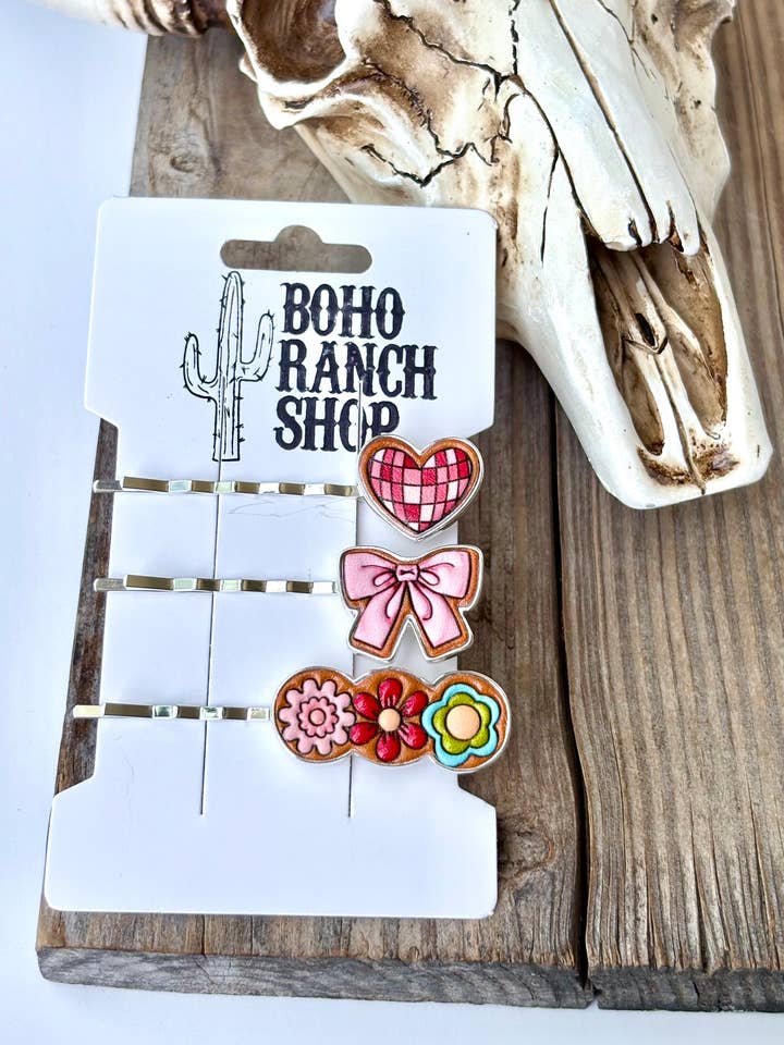 Heart, Bow & Flower Leather Bobby Pin Set (3 pcs) for wholesale by Boho Ranch Shop