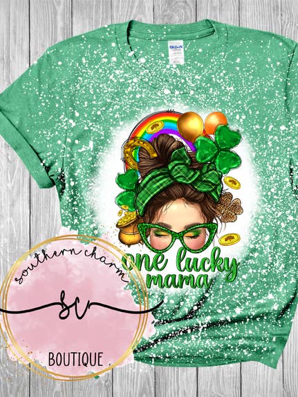 St. Patrick's Day One Lucky Mama Messy Bun Green Tee for wholesale by Southern Charm Boutique