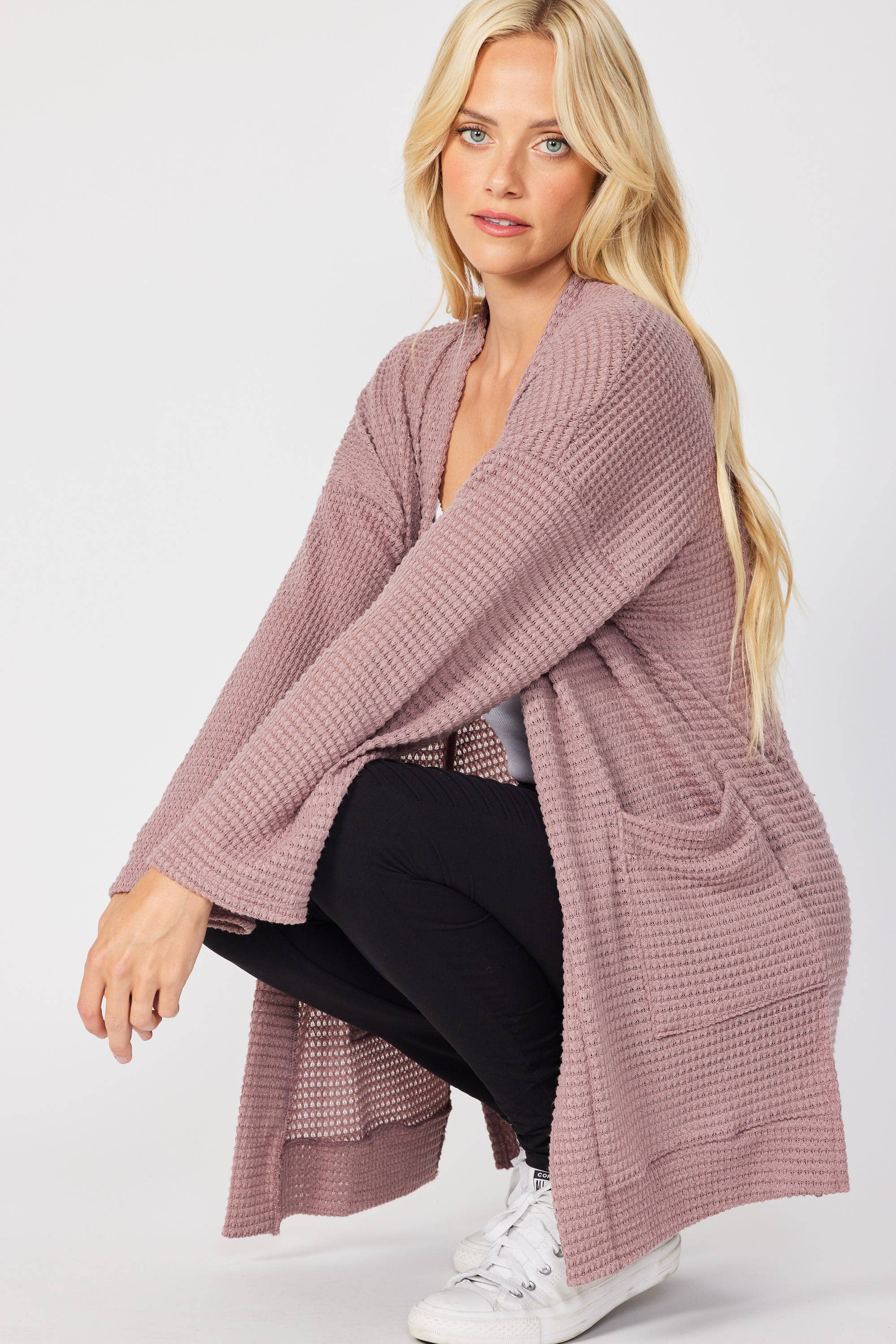 FSL Apparel - Wholesale Cardigan - Women's - SJ1005 - WAFFLE KNIT OPEN FRONT CARDIGAN WITH POCKETS11