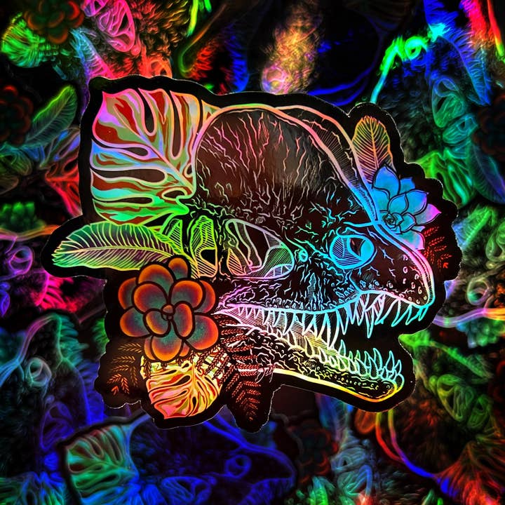 Dilophosaurus Holografisk Sticker, 4x3.4in for engroshandel hos Catnip and Kittens
