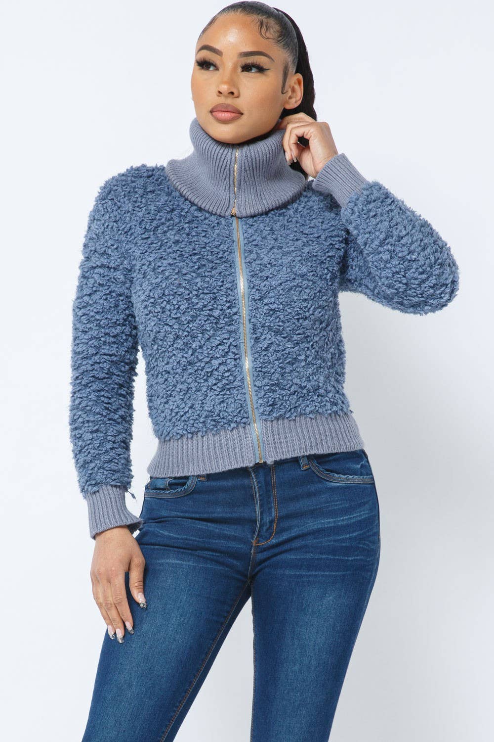 Dusty Blue Long Sleeve Shaggy Jacket With Front Zipper for wholesale on Faire5