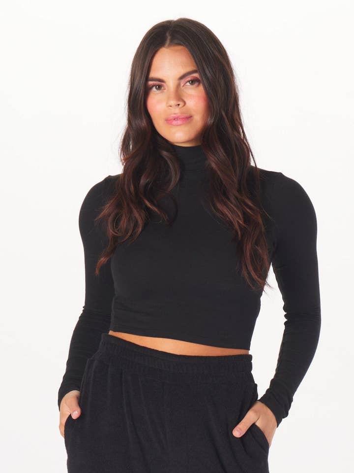 Val Women's Cropped Mock-Neck Fitted Tee for wholesale by Brownlee