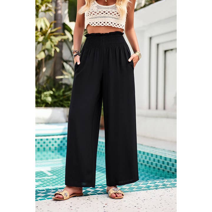 Supreme Fashion - Wholesale Pants - Women's - Pockets Elastic Waist Band Smocked Wide Leg Pant