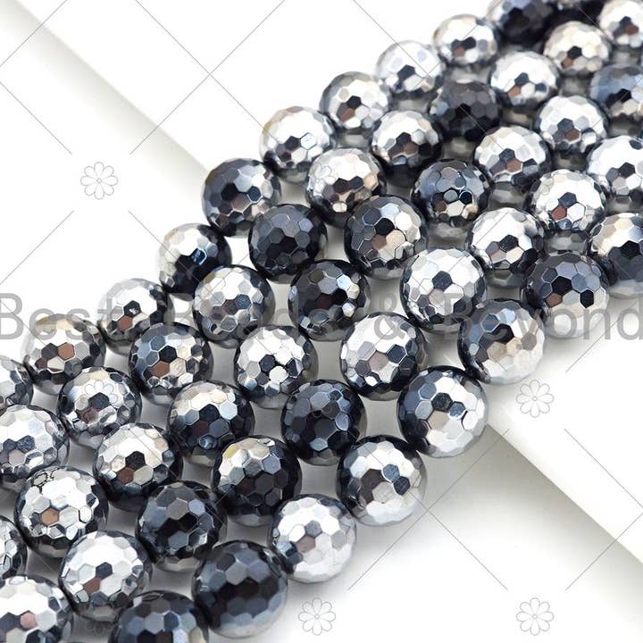 NEW!!! Natural Half Silver Plated Black Onyx Beads, 8mm/10mm/12mm Round Faceted Silver Black Onyx Beads, 15.5" Full Strand, Sku#UA210 for wholesale by BestBeads&Beyond