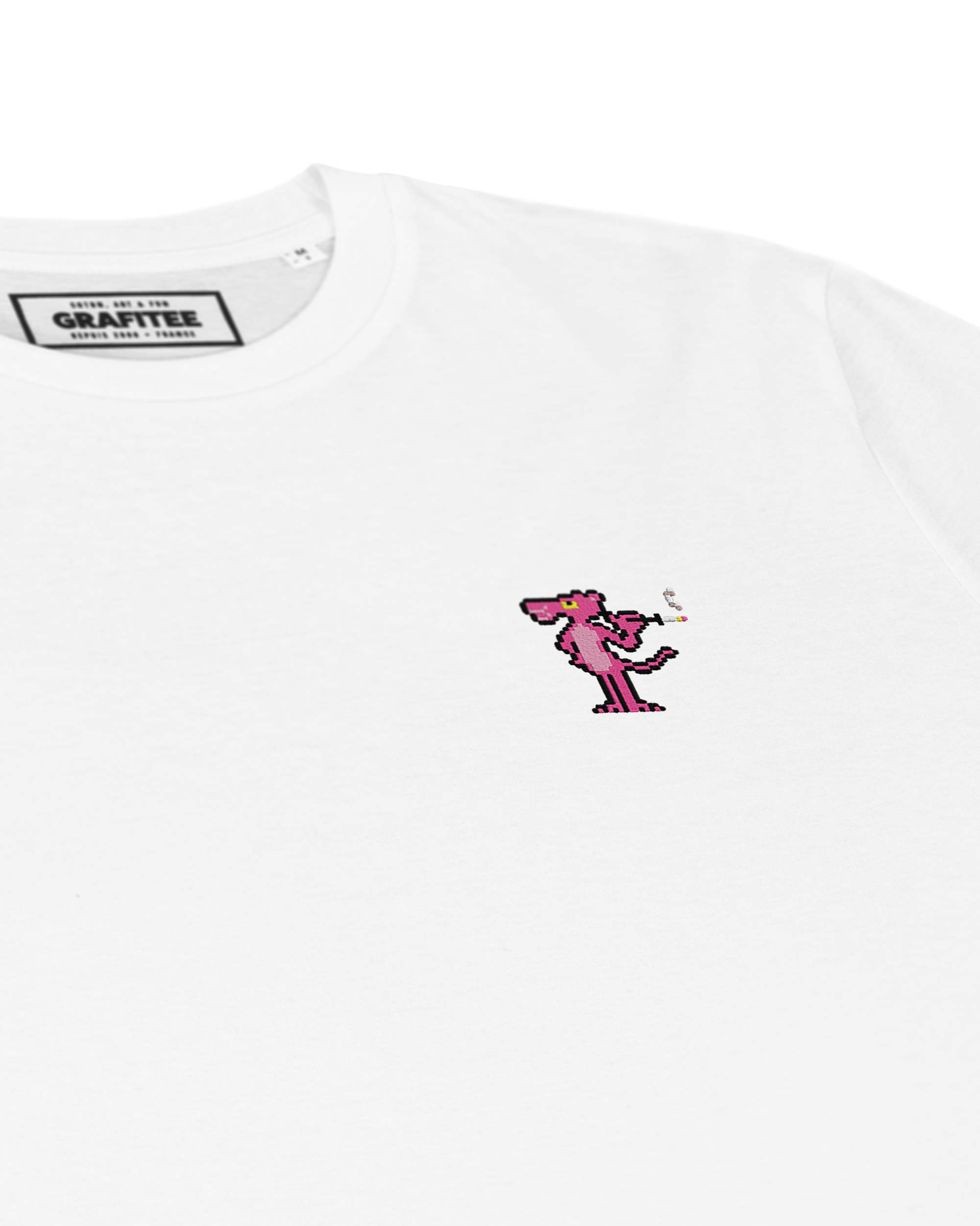 White Embroidered Pink Panther T-shirt - 100% organic cotton for wholesale on Faire1