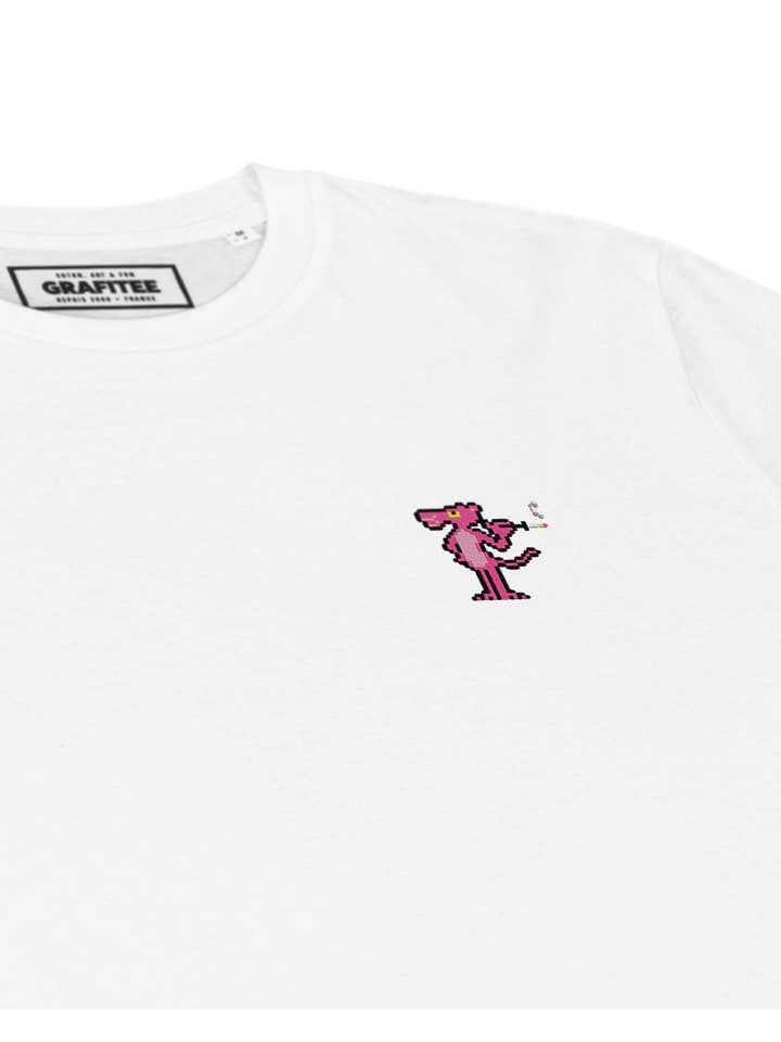 White Embroidered Pink Panther T-shirt - 100% organic cotton for wholesale on Faire1