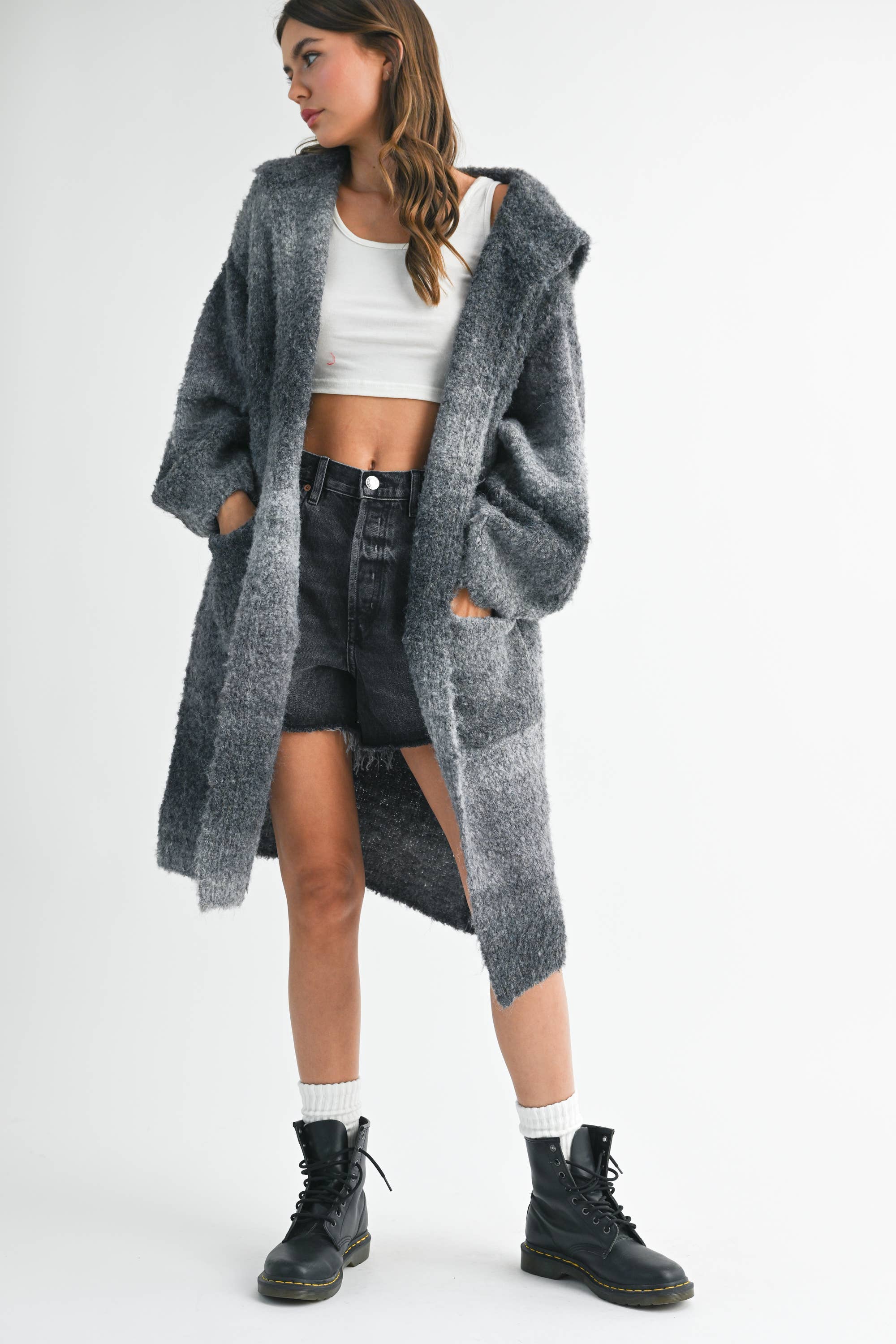 AEMI + CO - Vente Cardigan – femme - Cardigan à capuche Nelsi avec manches ballon et poches0