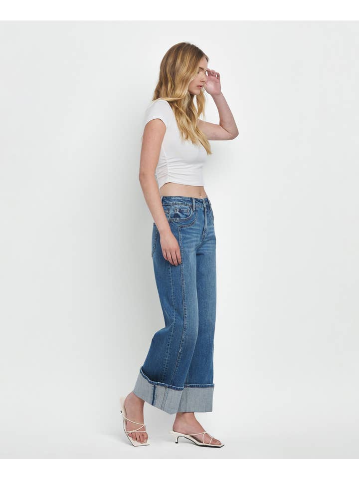 JOYSOME SUPER HIGH RISE CUFFED BAGGY WIDE JEANS F5856 for wholesale on Faire