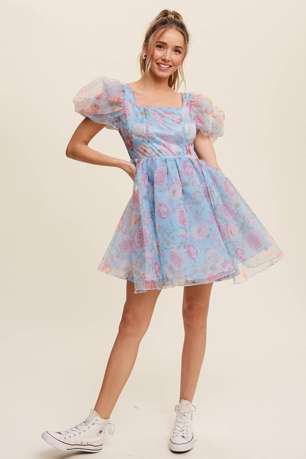 Listicle - Wholesale Dress - Women's - Floral Puff Sleeve Organza Mini Dress12