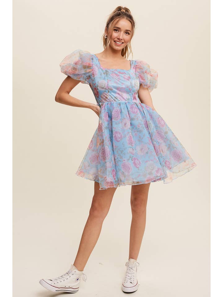 Listicle - Wholesale Dress - Women's - Floral Puff Sleeve Organza Mini Dress12