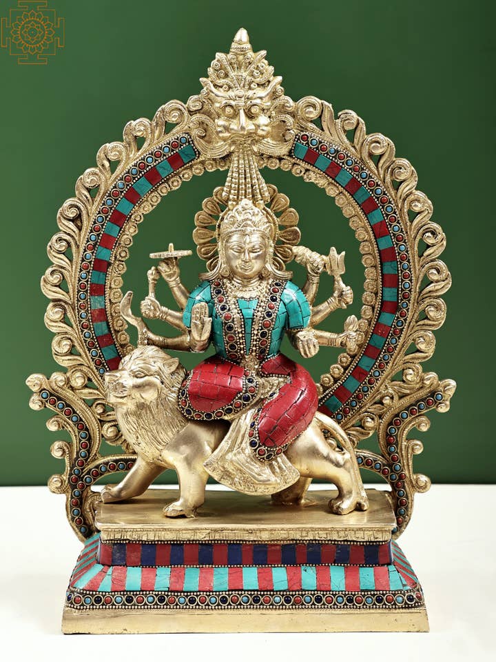 Idole de la déesse Durga de 14 pouces assise sur un lion en laiton | Fait main pour la vente par Exotic India Art