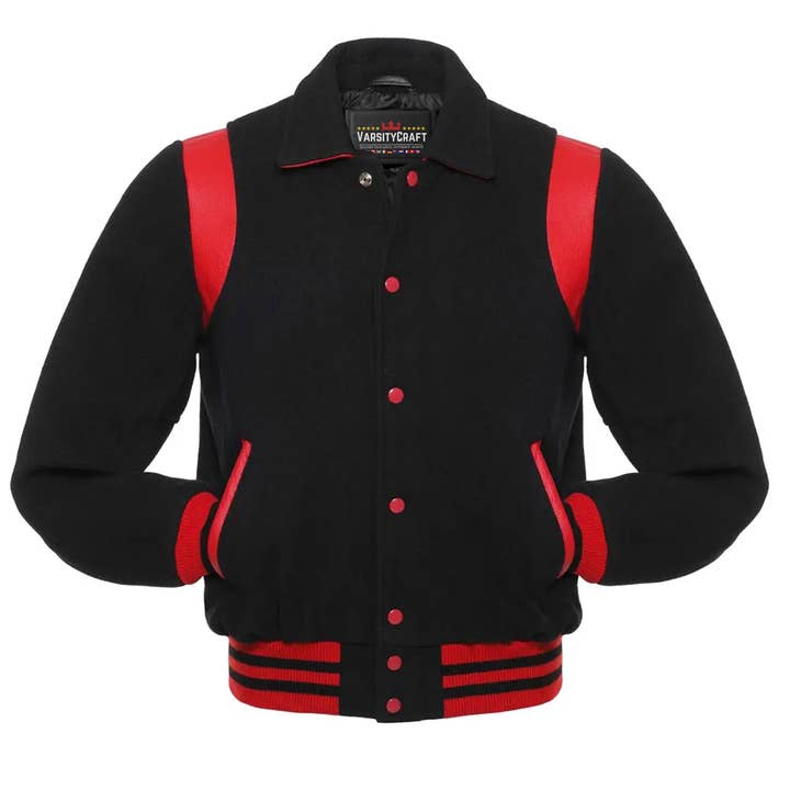 Black Wool & Red Leather Sleeves Retro Letterman Jacket for wholesale by Varsity Craft