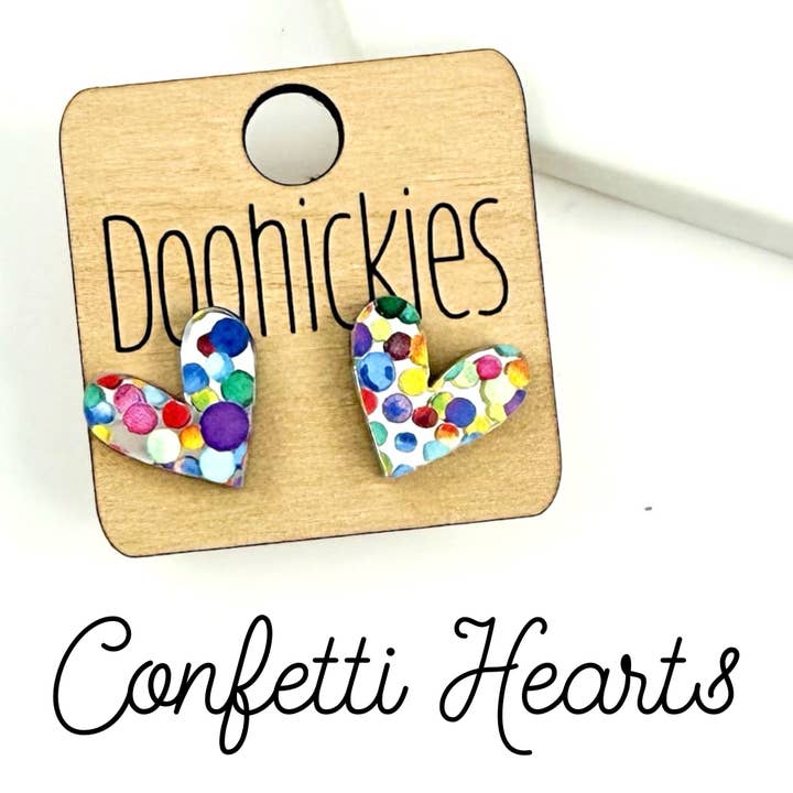 Bright Confetti Dot Swoopy Heart Studs - Valentines Earrings for wholesale by Doohickies