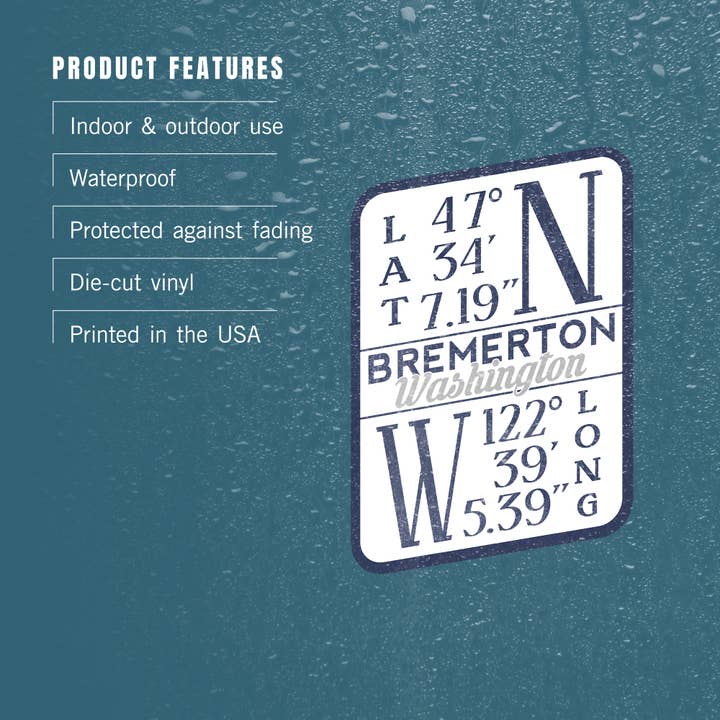 Lantern Press – wholesale Sticker – STICKER Bremerton, Washington, Latitude and Longitude (Blue)3