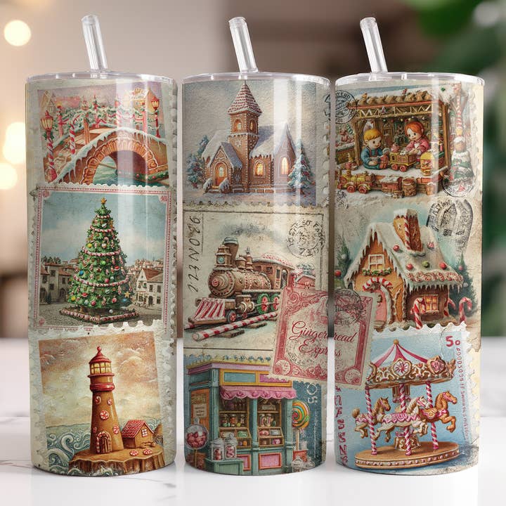 Gobelet mince de 20 oz avec timbres de Noël Gingerbread Express pour la vente par Dogwood Graphics & Design