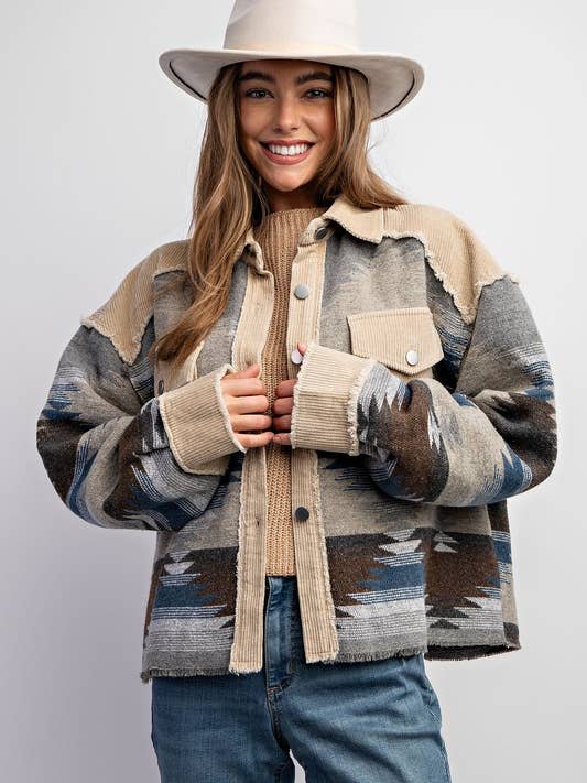 PLUS SIZE TRIBAL AZTEC PATTERN COLORBLOCK BUTTON DOWN SHIRT for wholesale by Pink Irene Wholesale