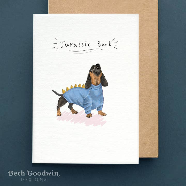 Beth Goodwin Designs - Wholesale Birthday Card - Jurassic Bark Greetings card | Funny Dachshund | Sausage Dog