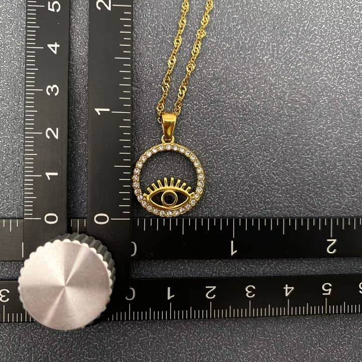 Mio Queena - Wholesale Pendant/Charm Necklace - Inlaid CZ Evil Eye Charm 18K Gold Plated S.Steel Necklace - FGS