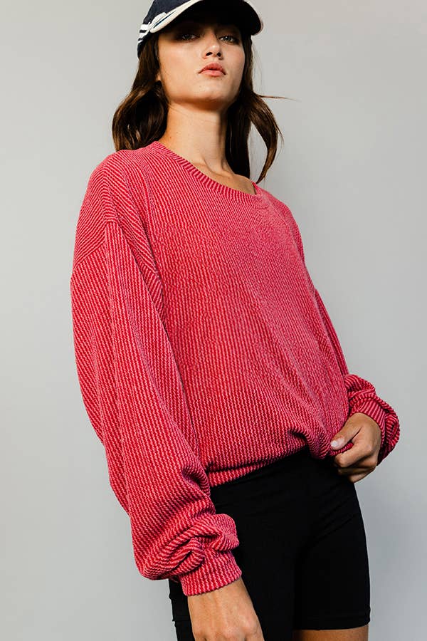 BUCKETLIST INC - Wholesale Sweatshirt - Women's - T1951  Stripe Textured Knit Comfy Sweatshirt0