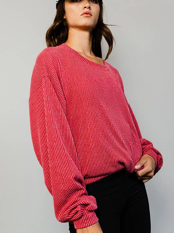 BUCKETLIST INC - Wholesale Sweatshirt - Women's - T1951 Stripe Textured Knit Comfy Sweatshirt