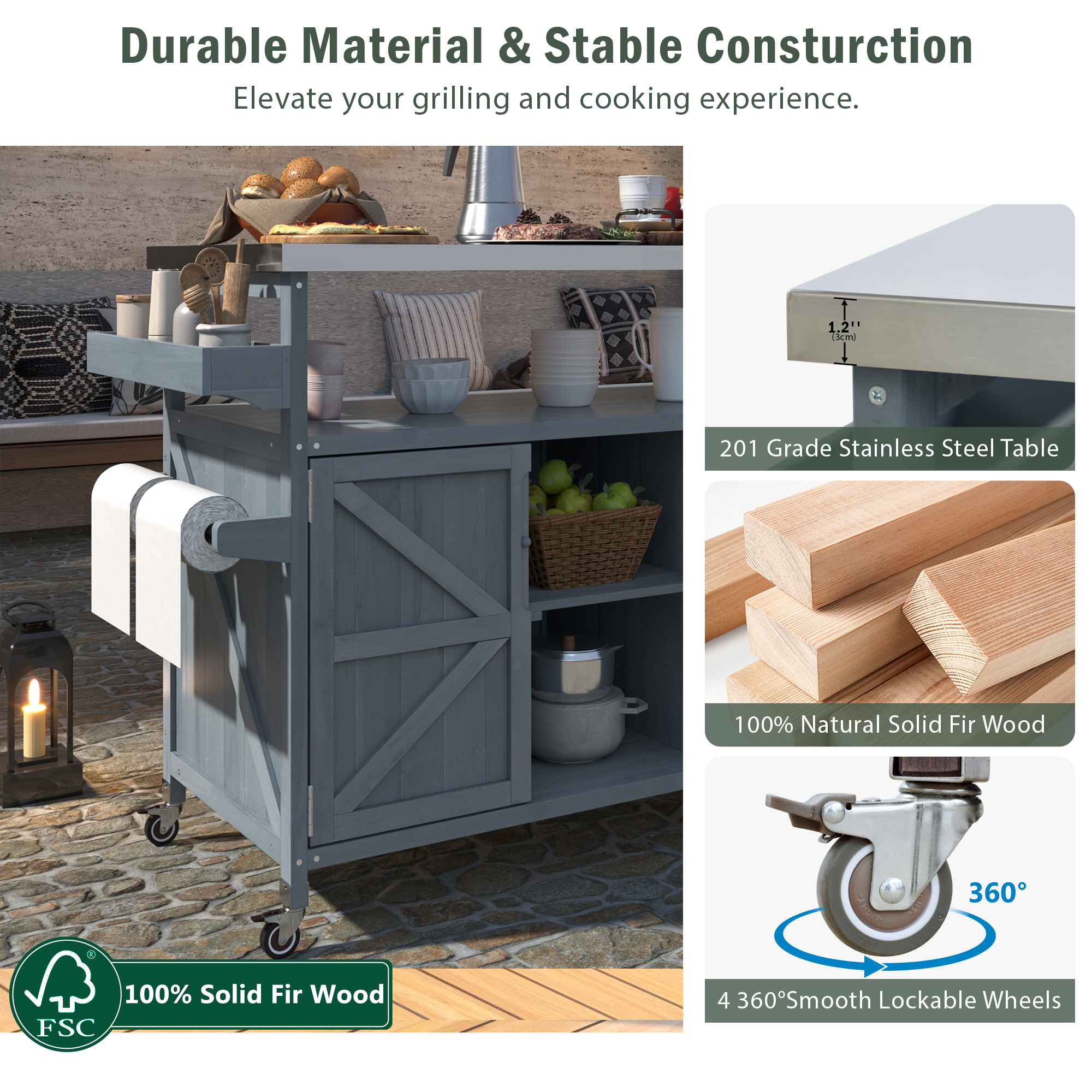 39F Inc. - Wholesale Outdoor Ornament/Decor - Outdoor Kitchen Island,Farmhouse Solid Wood Rolling Cart38