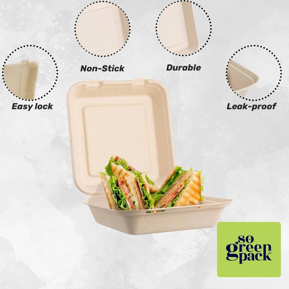 Sogreenpack – wholesale Engångsplatta – 8 ”X 8" komposterbar Bagasse Clamshell Miljövänlig 50-förpackningar8