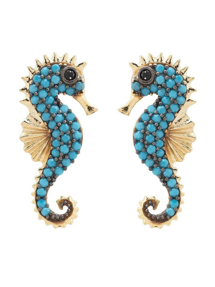 Pendientes de caballito de mar con turquesa y baño de oro para venta al por mayor de Latelita