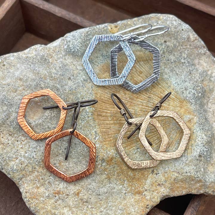 Medium Brachiopod Fossil Open Hexagonal Earrings for wholesale by Ozark Impressions Jewelry