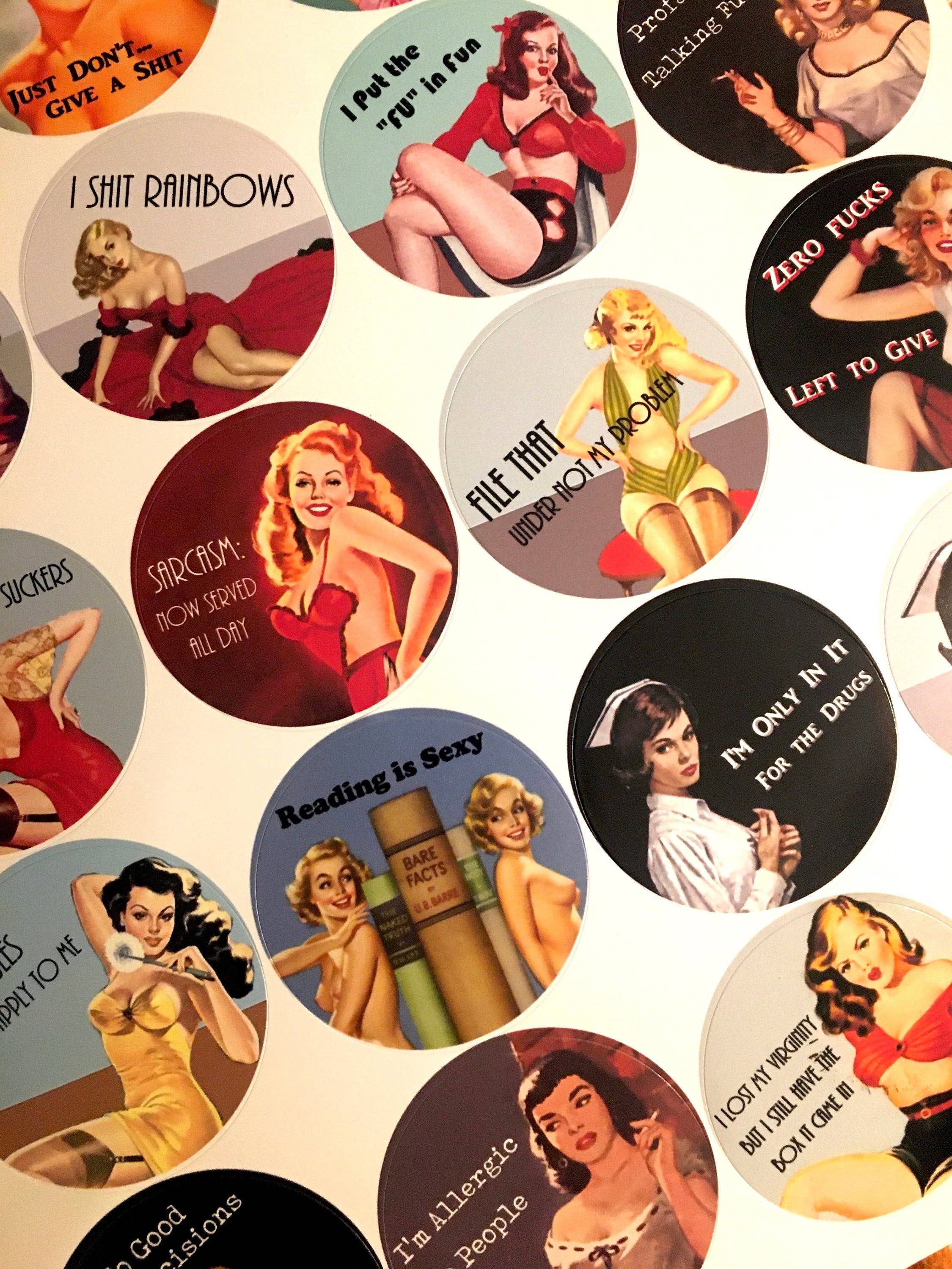 FringePop - Wholesale Sticker - Sassy Funny Pin Up Girl Sticker Sheet - 20 Stickers Pinup Retro Humor Naughty Pulp Fiction Bad Girls Mature0