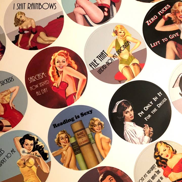 FringePop - Wholesale Sticker - Sassy Funny Pin Up Girl Sticker Sheet - 20 Stickers Pinup Retro Humor Naughty Pulp Fiction Bad Girls Mature