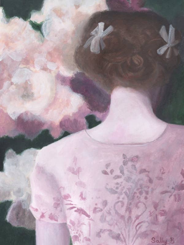 Kvinna tillbaka porträtt med blomma pastell illustration för wholesale av Sally B