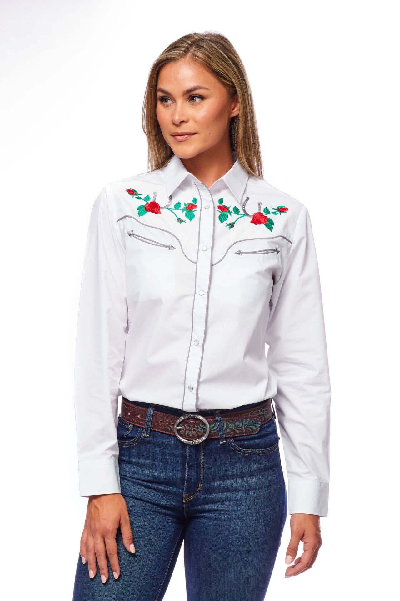 Rodeo Clothing - Vente Chemise à col boutonné – femme - Robe brodée à manches longues d'inspiration western pour femmes0